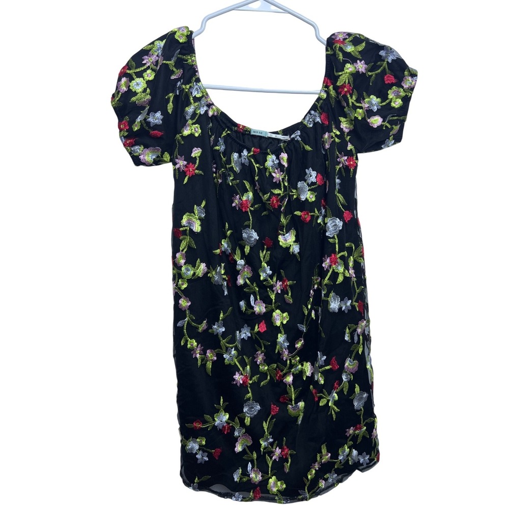 UO Kimchi Blue Black Floral Embroidered BOHO Mesh Puff Sleeve Mini Dress Women M